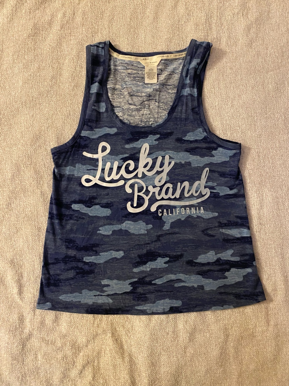 Lucky Brand California Blue Camo Tank Top Graphic Spell Out Women's Large